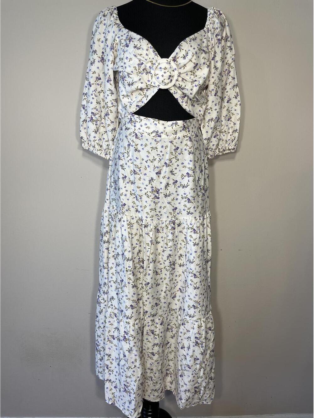 MINKPINK Hailey Floral Puff Sleeve Cutout Midi Dress Sz M